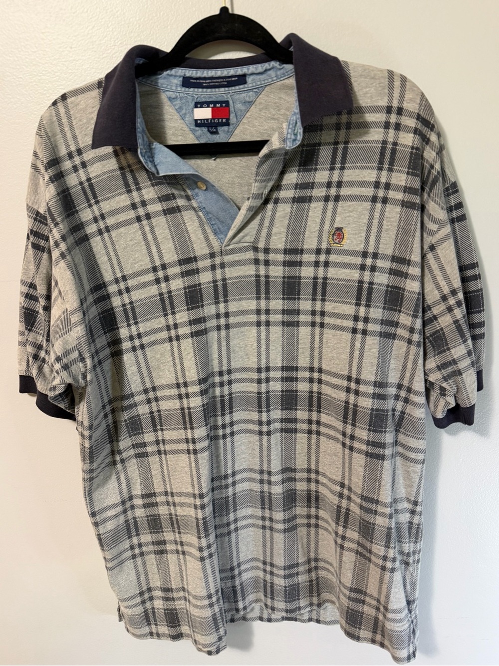 90s Tommy Hilfiger Plaid Polo Shirt Mens Large Vintage Crest Logo Gray